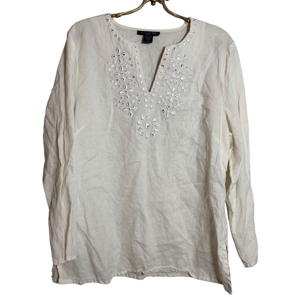 Saint Tropez West Linen‎ Mirror Tunic Women 1X Cream Long Sleeve V-Neck